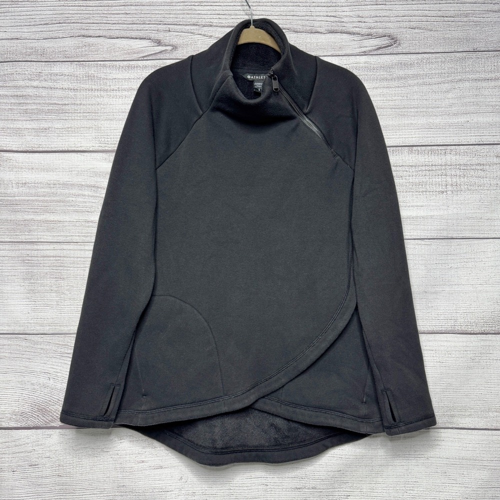 Athleta‎ Cozy Karma Asym Pullover Sweatshirt Black Mock Neck Thumbholes SP